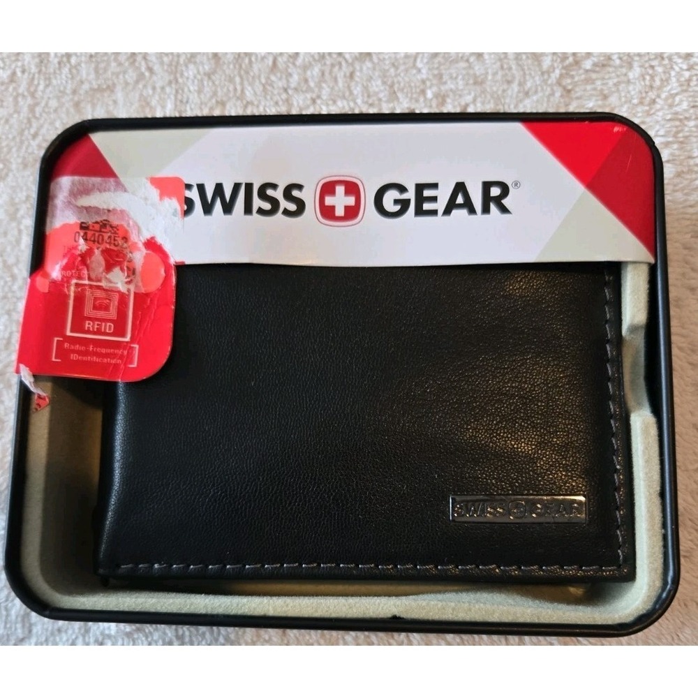 Swiss Gear Men's Leather Wallet - Bi-fold RFID Protection Black New In Metal Box